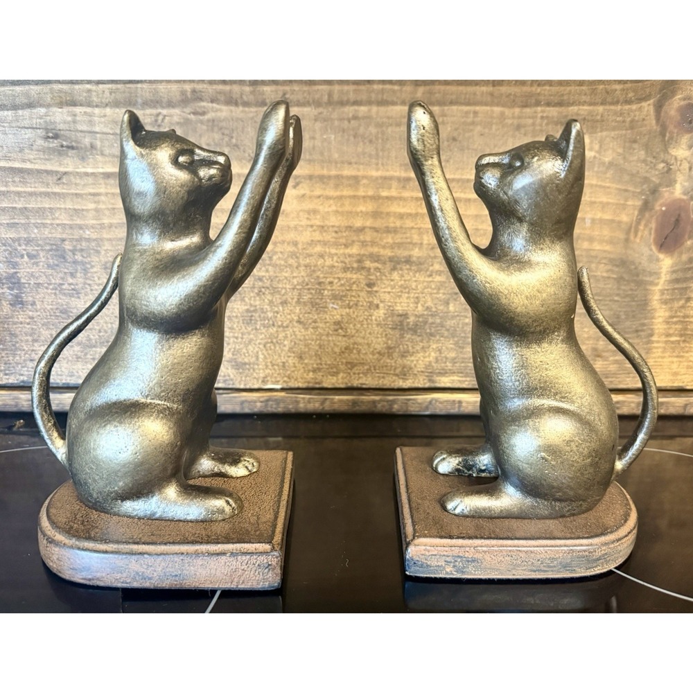 SPI San Pacific Cat Bookends Heavy Cast Metal Bronze Finish Pair 7.5" Decor VTG